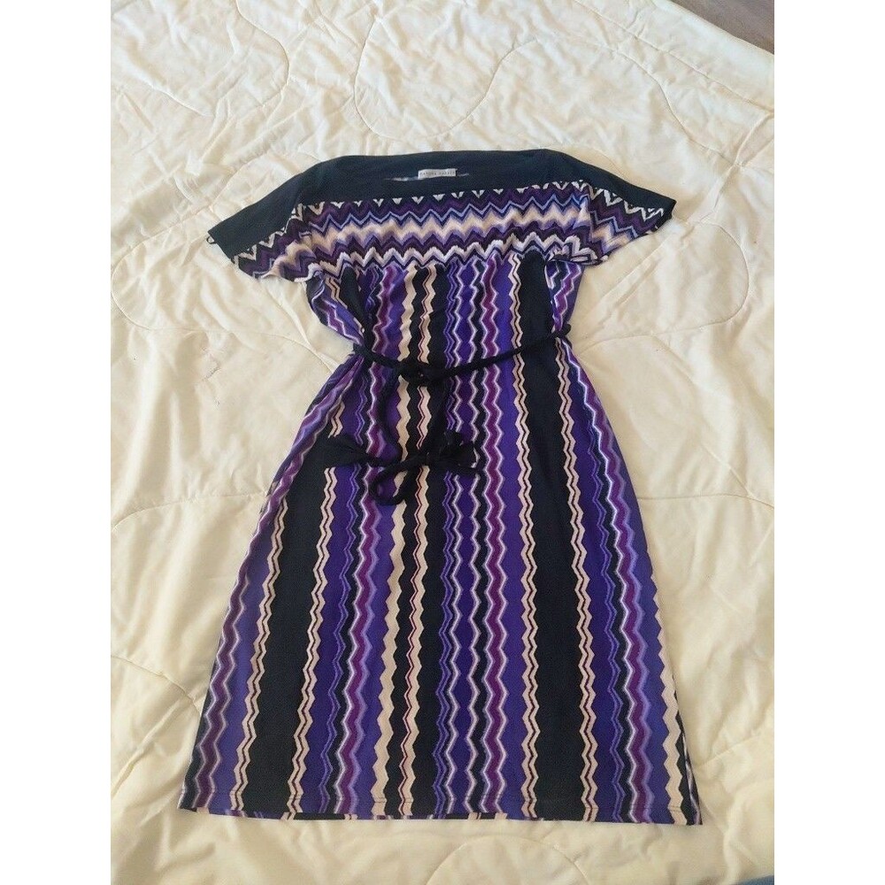 Sandra Darren Dress Womens 6 Purple Black Multicolor Braid Rope Belt Round Neck